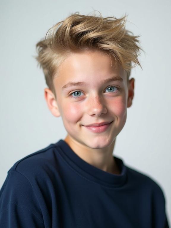A 15-year-old boy with blond hair styled in a trendy messy look. He is wearing a dark blue shirt. The background is light gray. He has sharp facial features including high cheekbones, a small nose, and piercing blue eyes. He is smiling subtly, creating a youthful aura.