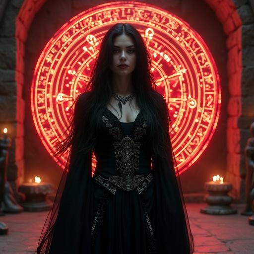 A mysterious woman stands before a glowing magic circle in an underground ritual chamber. She whispers an incantation. Her long black hair drifts in an infernal wind. Her face is beautiful with enigmatic eyes. A translucent veil partially conceals her. She wears a gothic robe with occult symbols. Black feathers swirl in the air. The lighting is low and moody with a red glow from the runes. The chamber has dark stone walls, flickering candles, and ancient statues.