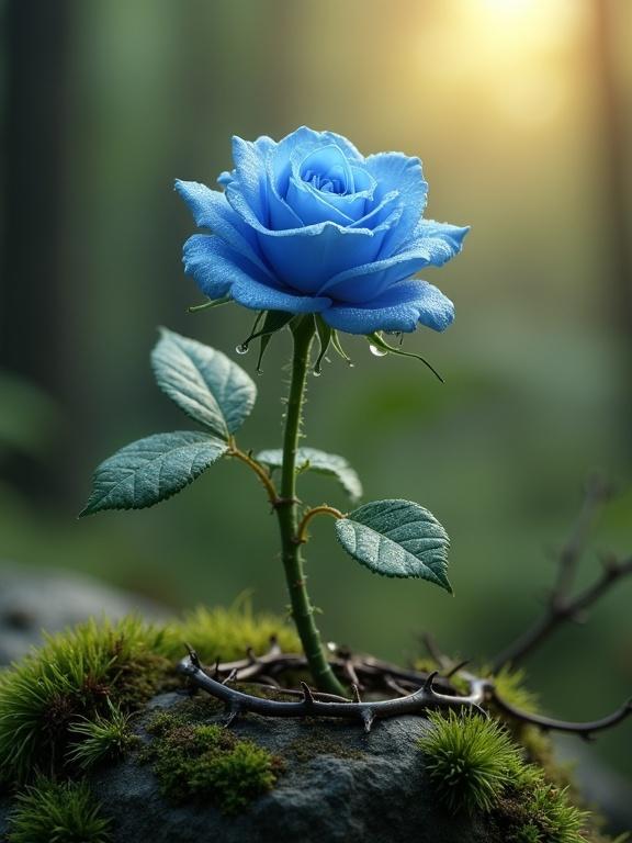 Blue rosebud with dew on a thorny vine coiling around a mossy stone. Natural forest background with morning light rays creating a hyper-realistic and cinematic mood.