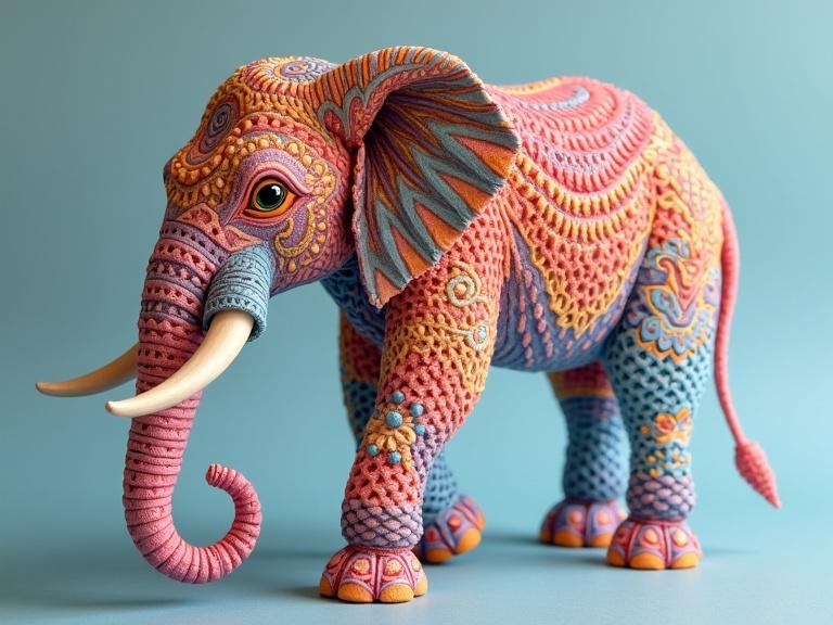 Colorful 3D elephant sculpture made of paper. Looks like origami. Mixed media including crochet and knitting techniques. Embellished with beads for depth. Dark geometric patterns woven into the design. Meticulously crafted with intricate details and harmonious patterns. Created in soft focus at high resolution.
