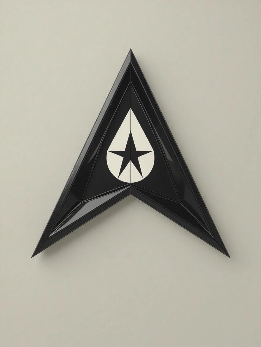 Design a classic Star Trek emblem using a black isosceles triangle with a rounded tip on a neutral background. At the base, include a white circle with a vertical white line extending halfway up the triangle. Create a 'space arrow' effect with clean lines and balanced proportions. Ensure a subtle metallic finish for a sci-fi look.