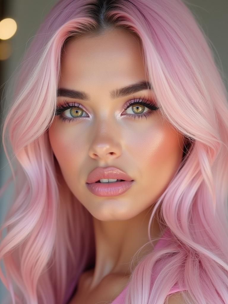 Closeup of a young woman showing pastel pink hair with white highlights. Large bright eyes with rosy pink hue. Soft pastel pink eyeshadow and defined lashes. Light pink blush and glossy pink lips. Wearing a shiny leather dress.