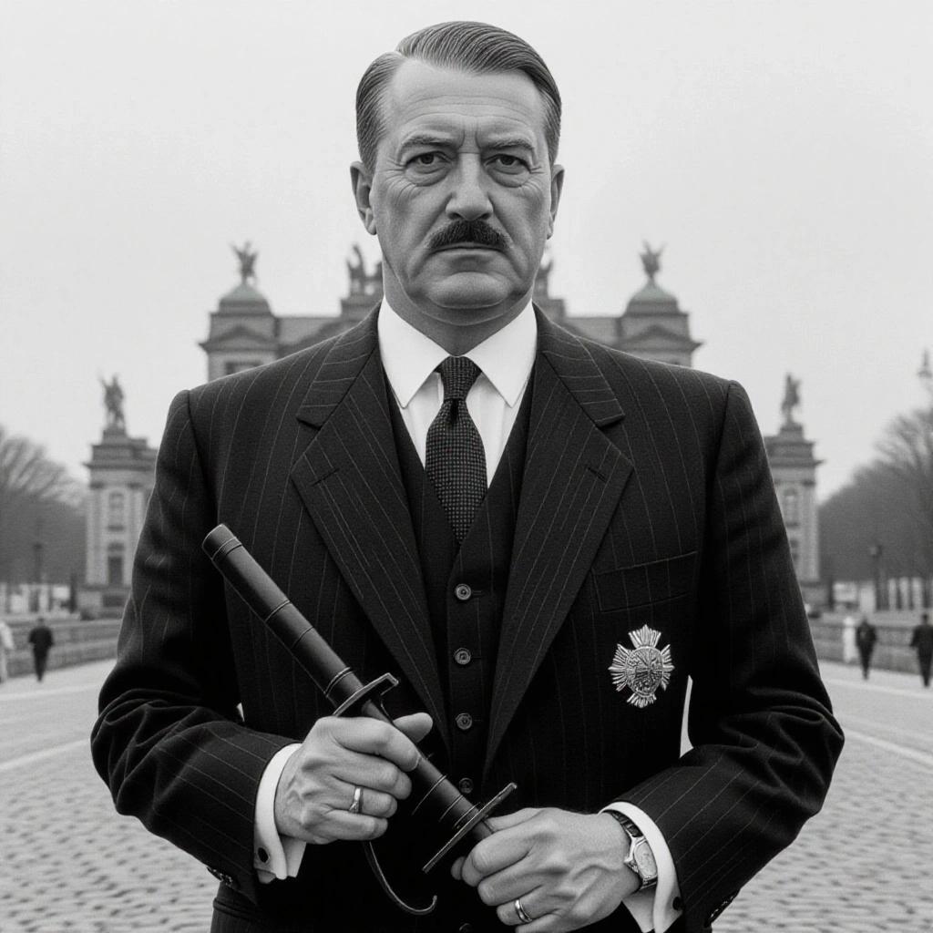 A famous German dictator from the 20th century in a pinstripe suit holding a sword in front of a grand architectural backdrop