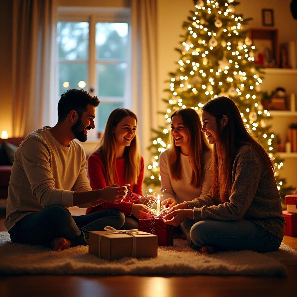 A family gathers joyfully around a beautifully decorated Christmas tree. They sit on a cozy rug, smiling and exchanging gifts in a warm inviting room. The tree is illuminated with soft lights, with various gifts around them. The scene shows togetherness and happiness during the holiday season, enjoying each other's company and creating cherished memories.