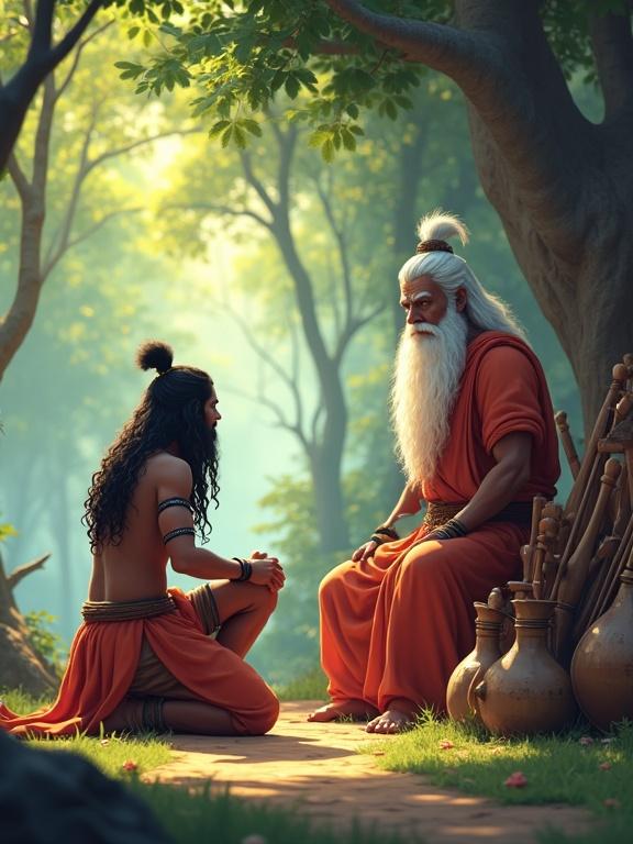 3D pixel art style depicting Karna kneeling in respect before sage Parashurama in a serene forest. Background includes wooden weapons and glowing divine elements with sunlight streaming through trees, creating a cinematic tone.