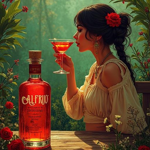 Stylized advertisement features a radiant goddess with an hourglass figure in a boho-style outfit. She toasts with a cocktail glass filled with reddish liqueur. She is surrounded by lush green plants, wildflowers, and herbs. A prominent spirit bottle labeled 'ALFRUNO' is in the foreground. The atmosphere conveys elegance and seduction.