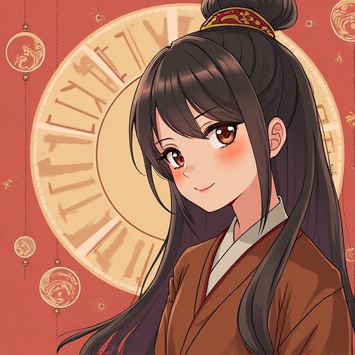 A female character with long dark hair wears traditional attire. She has a warm smile. Background features a circular clock design. Colors are vibrant and warm.