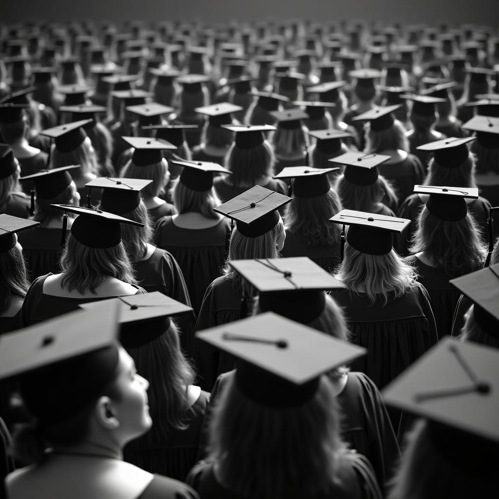 The image showcases a large group of African American graduates, all wearing traditional graduation caps and gowns. It is presented in black and white for a timeless, elegant effect. The focus is on the graduates, creating a sea of caps and gowns that signifies achievement and unity. The perspective adds depth, capturing the size of the graduating class. Overall, the image evokes a sense of accomplishment and pride in education.