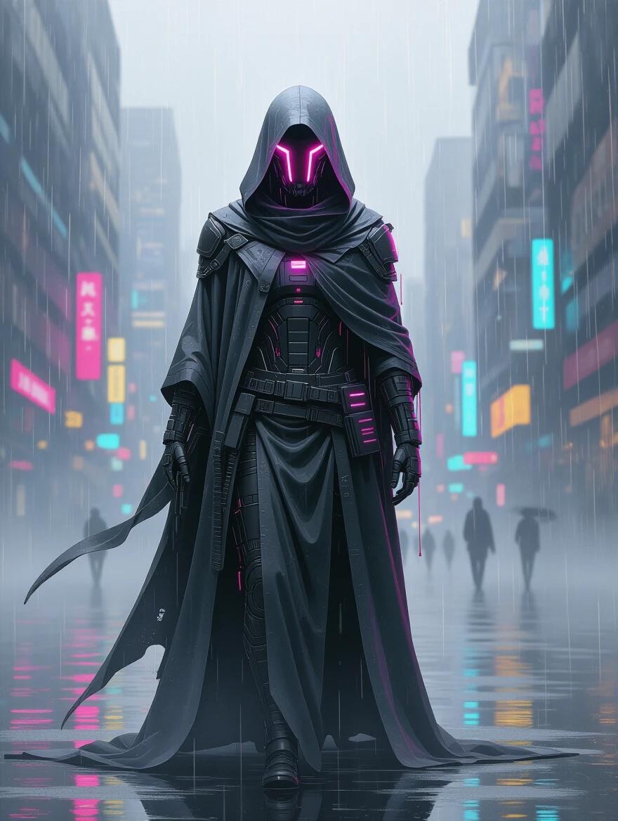 A futuristic human figure stands in the rain. The figure wears a flowing cloak. Cybernetic implants glow pink. The background features illuminated buildings. City environment creates a surreal atmosphere.