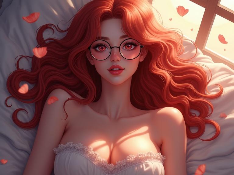 Beautiful girl with long red wavy hair in bed wearing round glasses. Flower petals float around her. Moonlight shines through the window. She has a flirty expression and noticeable cleavage. Her eyes are pinkish-red. Realistic light reflections on skin and hair.