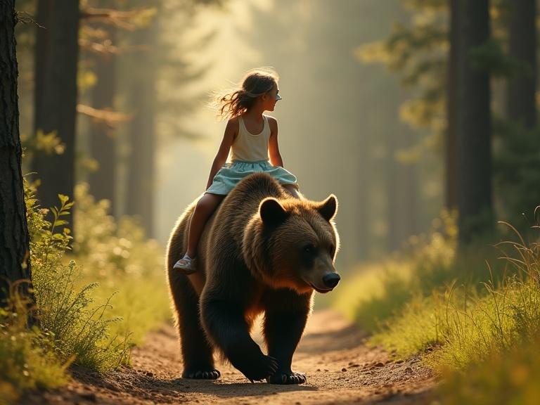 Camera follows moving subjects in forest. Wind blows. Adult bear walks on path. Sunlight filters through tall trees. Cinematic lighting creates magical atmosphere. Camera focuses on playful interaction of bear cub. Cub attempts to blindfold girl. Girl wears cream-colored tank top and pastel blue skirt. She rides on adult bear.