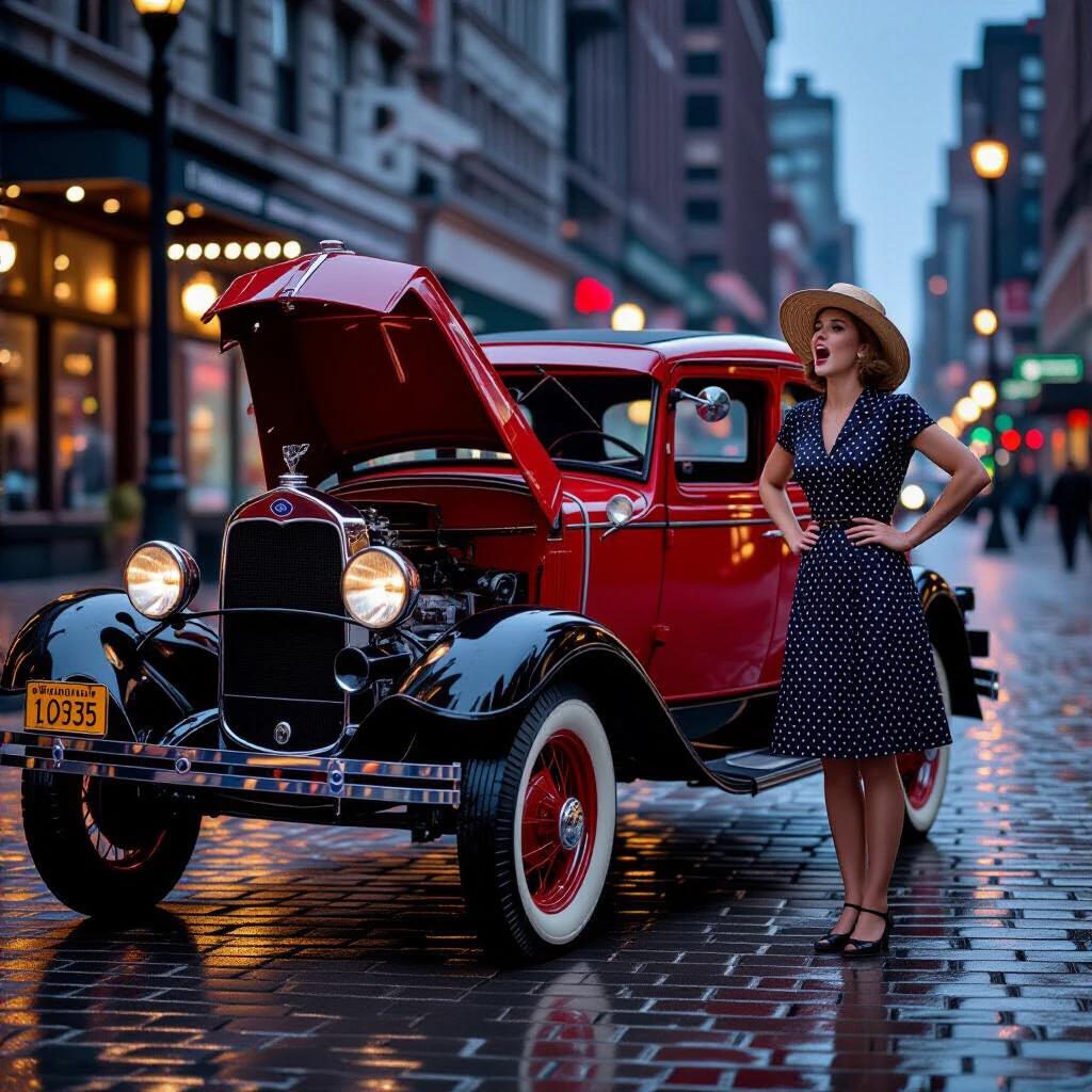 A vintage Ford Model A car is parked with its hood open in a rainy Chicago street. A woman wearing a polka-dot dress and a straw hat stands beside the car with hands on her hips. Raindrops can be seen on the car's fender. The cobblestone street reflects the lights from the buildings around.