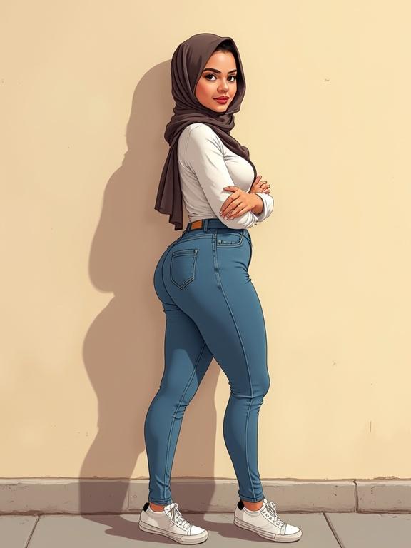 Illustration of a confident woman standing against a wall. She wears a blouse and tight jeans. The woman has a curvy figure and a hijab. The pose highlights confidence. The background is simple with a beige wall.
