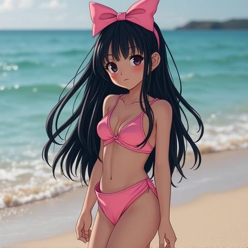 Anime character with long black hair wears pink bow and bikini at beach. Character appears youthful and playful with a sunny background of sand and water.