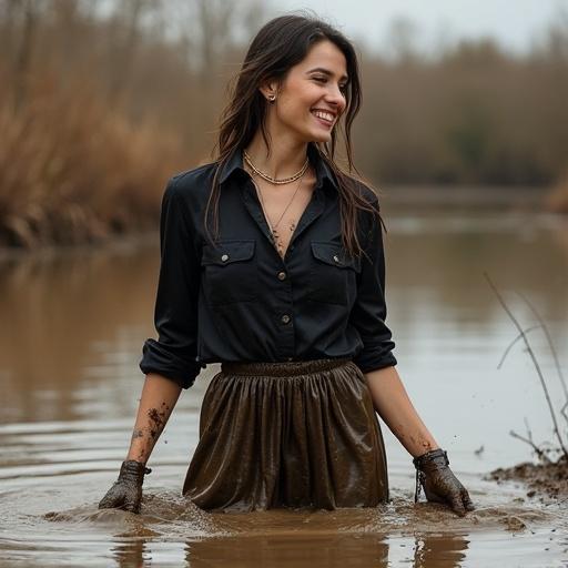 Photo of woman in mud puddle on a farm. She laughs while splashing in the mud. Clothes covered in mud including black satin shirt and bordeaux satin leggings. Ultra high definition.
