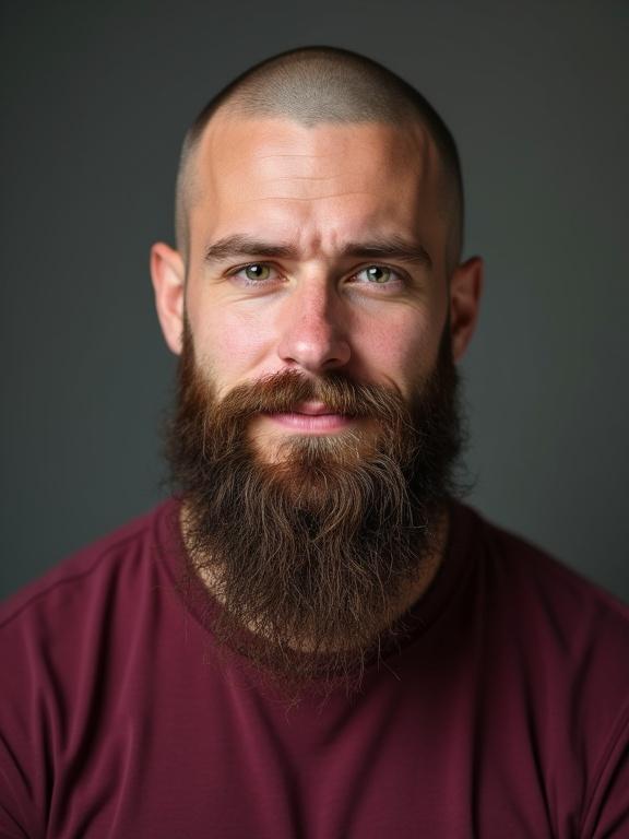 Portrait of a young man with green eyes and a long beard. Shaved head and muscular build. Shy smile while wearing a maroon t-shirt.