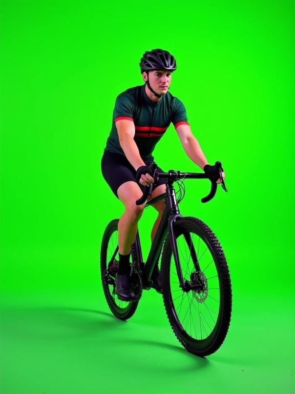 Photograph of a fit young man on a mountain bike with a vivid green background. The rider is in a cycling jersey and shorts, with gloves and a helmet. Bike is sleek with knobby tires. The photo highlights athletic build and cycling equipment.