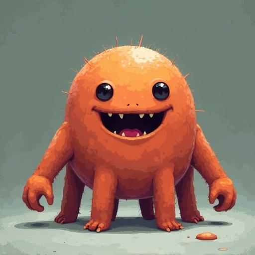 A simple blob monster design with a round body and a big smile. The character has no arms and no legs, but has a charming appearance with spikes on its head.