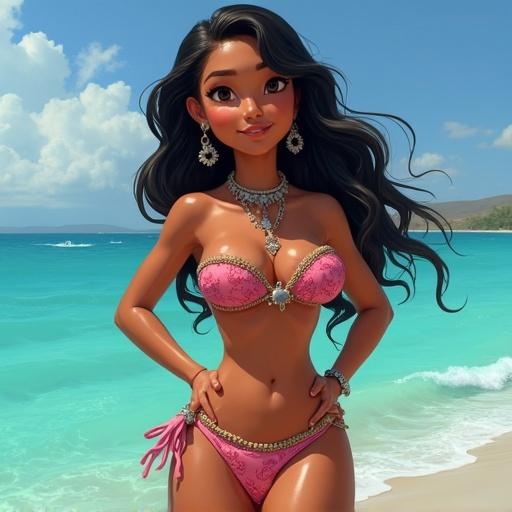 Cartoon character in bikini on a beach with ocean background.