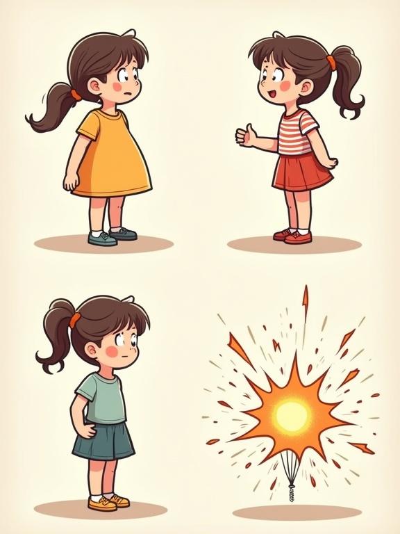 Comic strip features four panels with a girl in similar clothing and style. First panel shows her making a wish to enlarge her virtues. Second panel shows her satisfaction with the results. Third panel depicts her confusion and embarrassment as she swells like a balloon. Fourth panel illustrates the sudden explosion effect with flying clothing and hair strands.