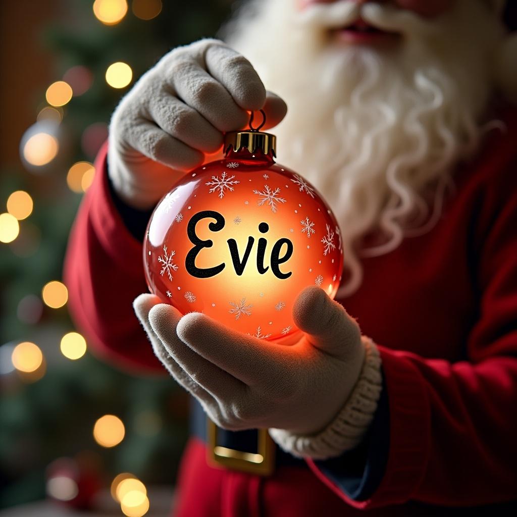 A festive depiction of Father Christmas, characterized by his iconic red suit and long white beard. He holds a Christmas bauble with the name 'Evie' displayed prominently. The setting is warm and inviting, suggesting a holiday atmosphere. The background is softly blurred with bokeh lights from a Christmas tree. Snowflake patterns and cozy textures add to the seasonal charm. This image captures the spirit of giving and joy associated with Christmas.