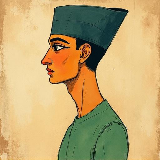 Vintage watercolor pencil drawing of a man. Muted colors are used. Black outlines applied. Egyptian nose is highlighted. Flat colors appear. Background resembles ancient manuscript. Large outlined eyes are featured. Elongated profile is showcased. Face exhibits Egyptian style. Body displays a green gradient. Textured canvas is present.
