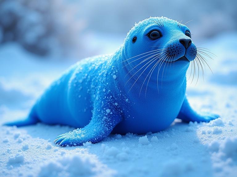 A vibrant blue seal in a snowy landscape. The seal has a funny expression. The colors are neon blue and dark blue creating a high-contrast effect against the white snow.