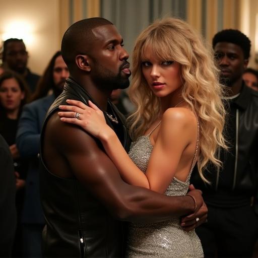 Taylor Swift and Kanye West in hotel room after awards show. Taylor in sparkly silver prom dress and cowboy boots. Kanye in black leather vest. Close interaction with Taylor appearing intoxicated. Room crowded with observers. Zoomed out full body side angle shot.