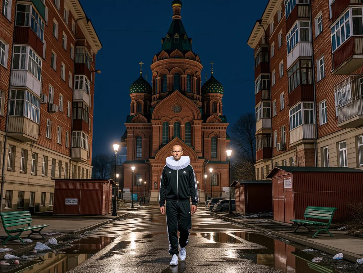 A high Soviet panel apartment building resembling a Gothic cathedral. It features a giant pointed dome and rough brick columns. The setting is a typical residential area with shabby balconies and satellite dishes. A thin man dressed in a black Adidas tracksuit walks on high wooden stilts along a wet street. The street is muddy with puddles and garbage. The scene is captured at night with an eerie reddish glow. The atmosphere is gloomy and depressive resembling a photo from the 1990s.