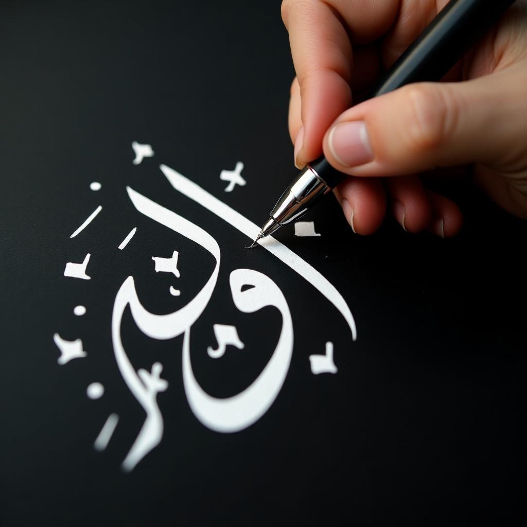 The image showcases Arabic calligraphy, featuring a hand delicately holding a pen. The name محمد اللحيدان is being crafted with white ink on a bold black background, which enhances contrast. The hand is steady, emphasizing precision and artistry in the intricate lettering. Soft lighting allows the fine details of the strokes to stand out. This image captures the essence of Arabic calligraphy as both an art form and a skillful endeavor.