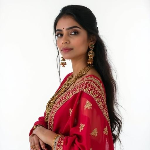 A serious Indian woman poses confidently in traditional attire against a white background. Her outfit features intricate gold embroidery. Dark hair styled elegantly. Beautiful earrings accentuate her look. Set in a Bollywood film context.