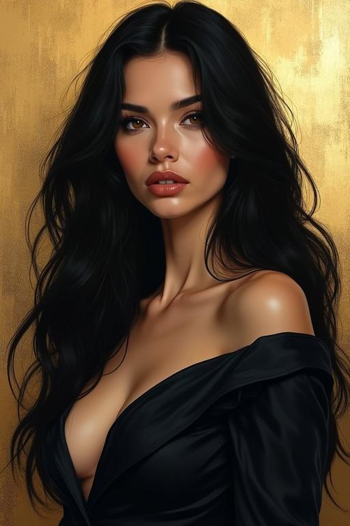 A woman with long black hair stands against a gold background. The artwork showcases a smooth blend of dark and light tones. The style reflects influences from charlie bowater and michael garmash with a focus on realism. The woman's attire is elegant, revealing soft shoulder curves and a confident demeanor.