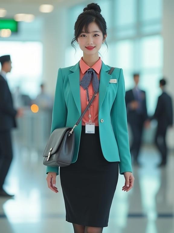Full-body image of female airport ground staff in professional uniform. She wears coral-pink blouse and turquoise blazer over a black pencil skirt. Black pantyhose and low-heel pumps complete the look. Hair styled in a bun. Friendly smile with light makeup. Name tag on blazer. ID badge on a silver lanyard. Dark-blue scarf around neck. Background shows airport terminal environment. She carries a dark-grey satchel.