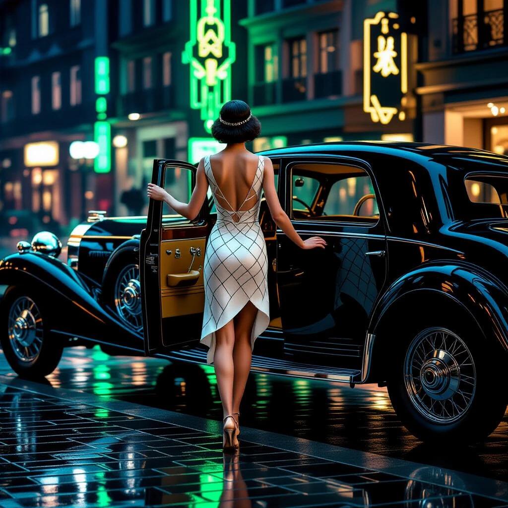 A beautiful woman in a short white dress stands beside a black vintage Bugatti at midnight in Paris. She opens the car door while turning her back to the camera. The cobblestones are wet and reflect emerald and gold neon lights from the surroundings. The woman's silk chiffon dress features geometric diamond patterns. The scene captures a dynamic pose with headlights softly glowing.