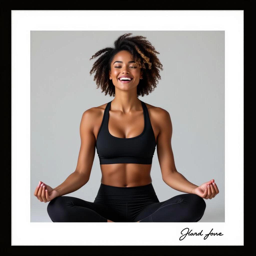 Polaroid style image of a 24 year old Malagasy-Chokwe female yoga instructor. She has a joyful expression and a lean, sculpted physique. The background features blurred industrial buildings. The lighting is soft and diffused.