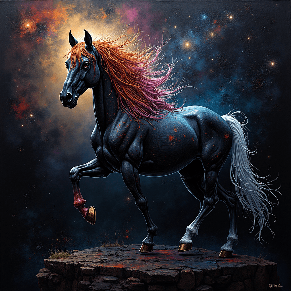 A majestic horse with a vibrant mane stands against a cosmic background, evoking a sense of wonder.