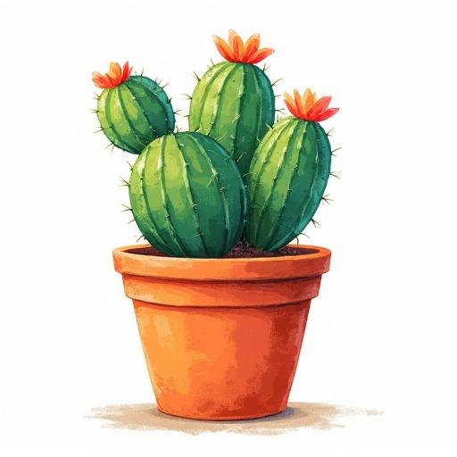 Illustration of a vibrant cactus in a terracotta pot. The cactus features multiple green elongated segments and bright orange flowers at the top. Background is white. Artwork has a scribble style collage appearance and vibrant colors, created in 4k resolution.