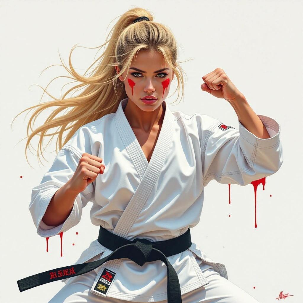 Photorealistic image of a blonde athletic woman in karate sportswear striking a dynamic pose. Red paint on face. High detail artwork capturing energy.