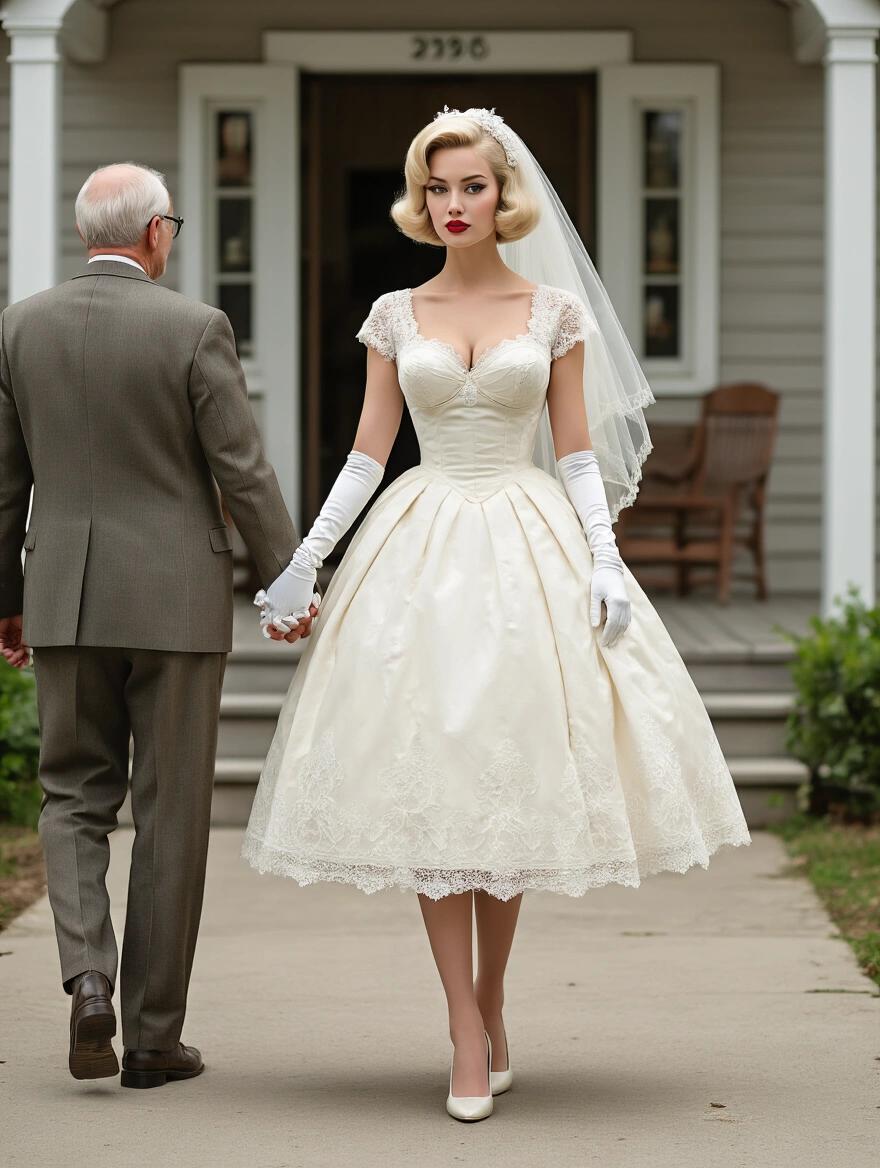 A stylized image of a couple walking away from a small town church. Focus on a woman in a vintage wedding dress. She has platinum blonde hair and brown eyes. Her makeup is flawless. She wears long gloves and high heels. She holds hands with an older man in a suit. The setting is outdoors with a soft and elegant look.