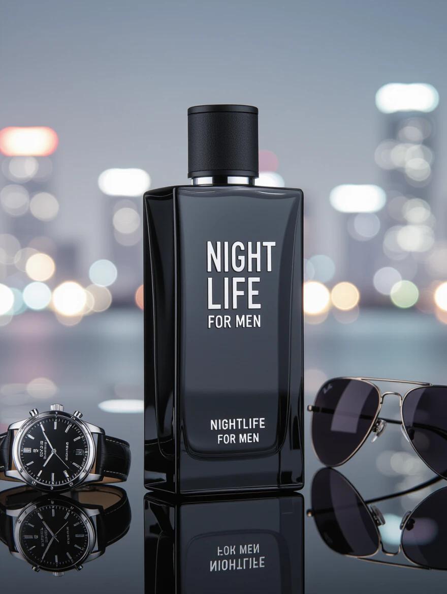 Product photo features men's perfume named Nightlife for Men in sleek studio. Bottle is tall rectangular dark glass with matte black cap silver lettering. Text Nightlife for Men appears on label bold modern font. Bottle stands upright with slight reflection surface below. Nearby wristwatch and sunglasses add masculine vibe. Scene set on smooth black surface blurred city lights background.