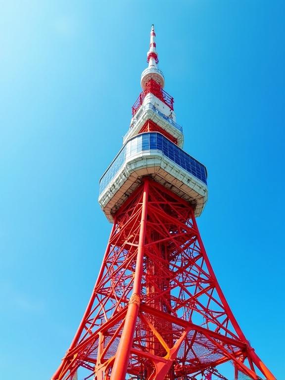 Photo of Tokyo Tower taken from a low angle looking up. Clear blue sky in the background. Red steel structure with observation deck. Blue and white tiles decorate top. Bright colors with urban landscape.
