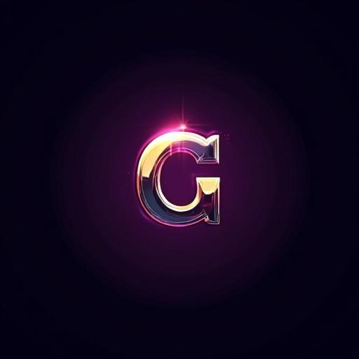 Logo design for digital creative. Features letter G in a high tech font. Colors in purple, gold, black, and white. The font is sleek and futuristic with bold custom letters that glow slightly. Graphic elements include soft gradients for a glowing 3D effect. The logo has a metallic look and reflects advanced creativity.