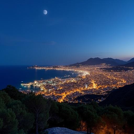 A panoramic night view of Palma de Mallorca. The city lights glow warmly against the deep blue sky. A bright moon shines above the landscape. The sea reflects the lights and moon. Surrounding hills frame the scene. Since this is the night view, the scene is peaceful and vibrant.