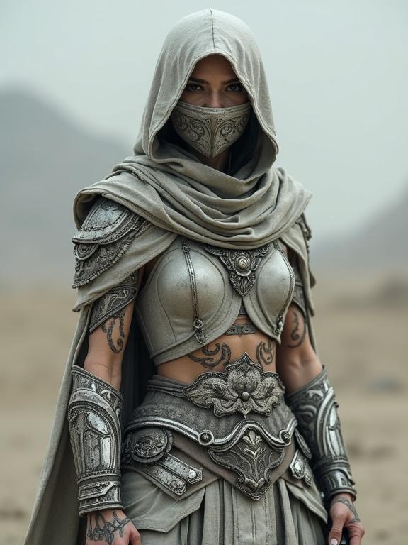 Female warrior with pale skin tone wearing decorative metallic armor and clothing. Full-length figure with a hooded robe and detailed embellishments. Face covered with a decorative mask revealing eyes. Predominantly gray and white color palette. Visible tattoos with intricate patterns on torso and limbs. Serious, alert posture holding a weapon. Background features muted light gray tones suggesting a desert environment. High-contrast lighting highlights armor details. Blends dark fantasy and realistic design.