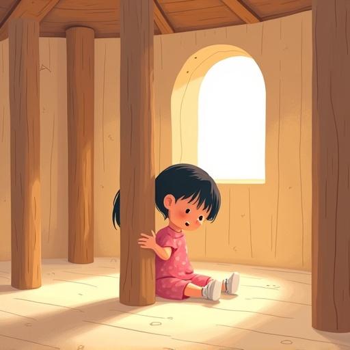 Children's illustration in flat style. Scene inside a wooden house with five pillars and dome-shaped roof. Layla, a girl in a pink polka-dot dress, sits on the tilted floor, holding a pillar. She looks up with concern. The roof shakes subtly, light flickers, creating a sense of instability. Soft warm colors, childlike atmosphere.