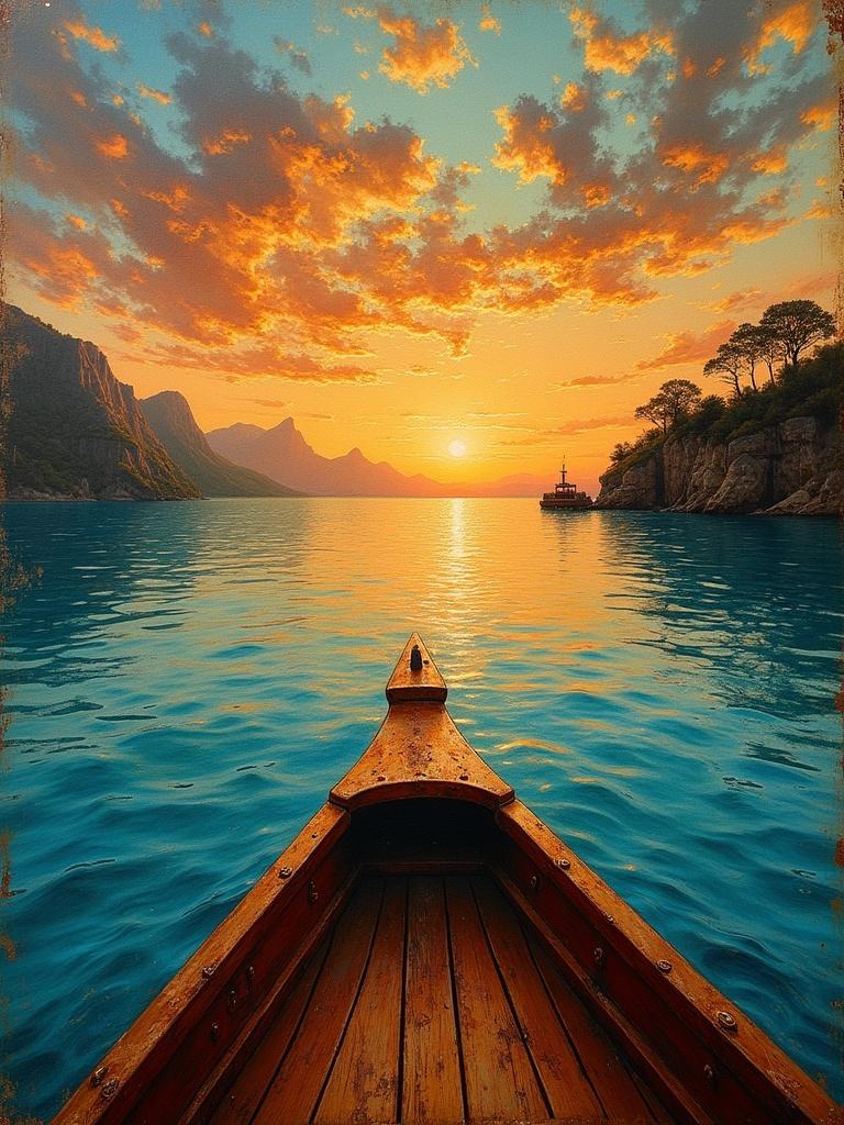 A serene sunset view from the bow of a boat with a vibrant sky and calm waters. Dramatic low-angle shot showing the intricacies of the boat and the majestic backdrop. The scene is infused with warm golden and turquoise tones, reflecting the late evening atmosphere. Textures highlight a vintage feel and nostalgic vibes in a breathtaking setting.