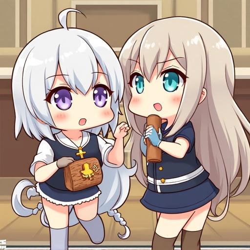 Two chibi-style characters are in a room. They have colorful hair and express playful curiosity. One is holding a wooden block while the other interacts joyfully. Their attire reflects a casual yet cute aesthetic.
