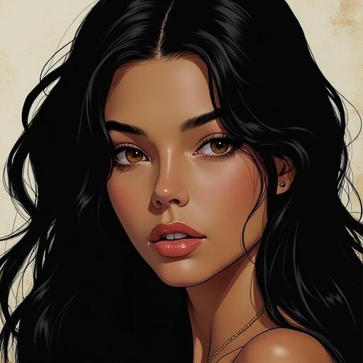 Highly detailed portrait of a woman with olive skin and long wavy black hair. She has small narrow brown eyes and sharp look. Soft diffused lighting highlights her features. The style combines smooth lines and shading akin to comic books.