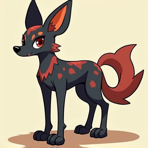 Pokemon art style featuring a stylized poison type African Wild Dog. Dog has vibrant colors with black, red, and orange markings. Character displays a playful and confident stance.