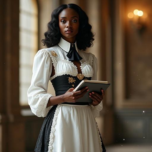 An Afro goddess inspired by Yemọja stands in an opulent chamber blending medieval and modern styles. She showcases a fusion outfit with a corset bodice, white blouse, and intricate accessories. Holding documents and a digital tablet, she exudes elegance and authority amid magical lighting effects.